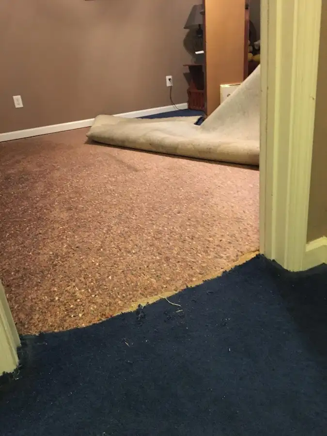 Carpet pad removal revealing water damage during Water Mitigation Services in Stone Ridge